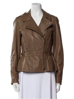 Burberry Brown Leather Peplum Moto Jacket
